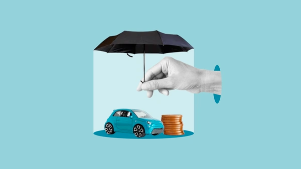 A modern car driving safely under protection, representing auto insurance